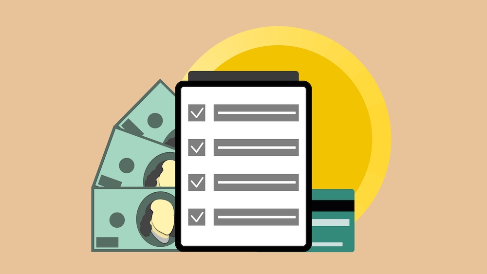 A credit application checklist with cash and a card