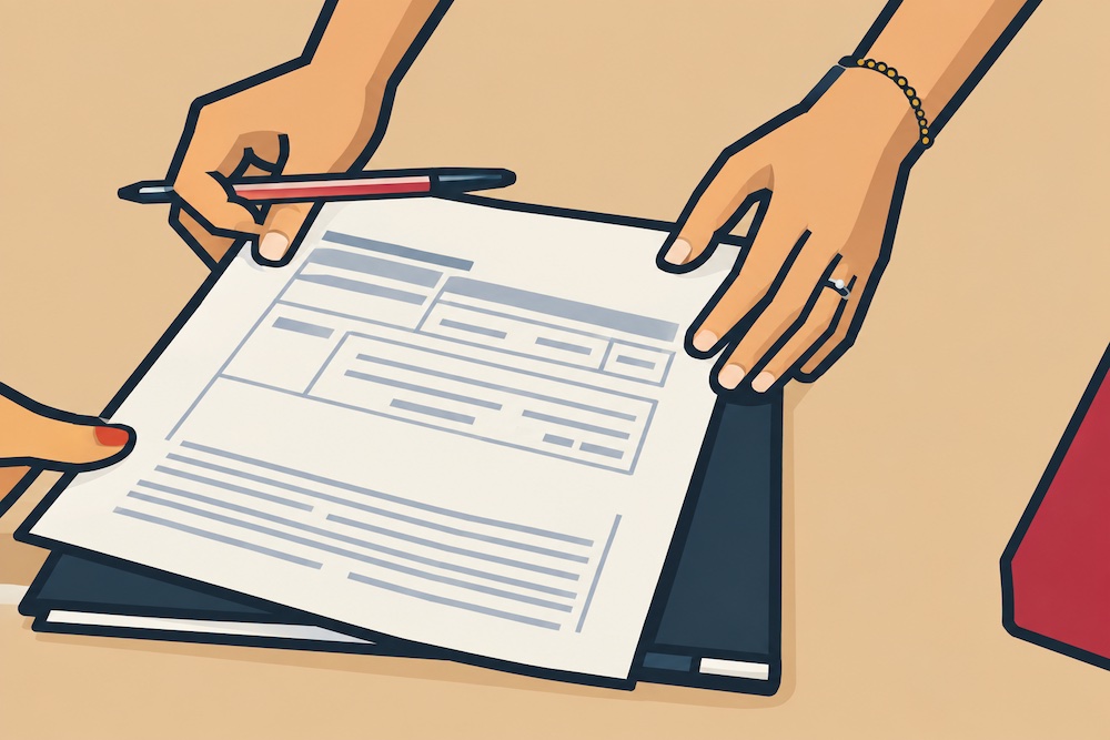 Hands reviewing and signing application documents
